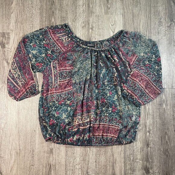 Lucky Brand Sheer Green Red Abstract Floral Hippy Festival Boho Peasant Top Sz L - Picture 1 of 4
